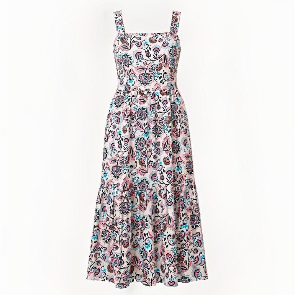 Talbots Floral Vines Smocked Waist Poplin Dress L Lined Pockets Midi Sundress